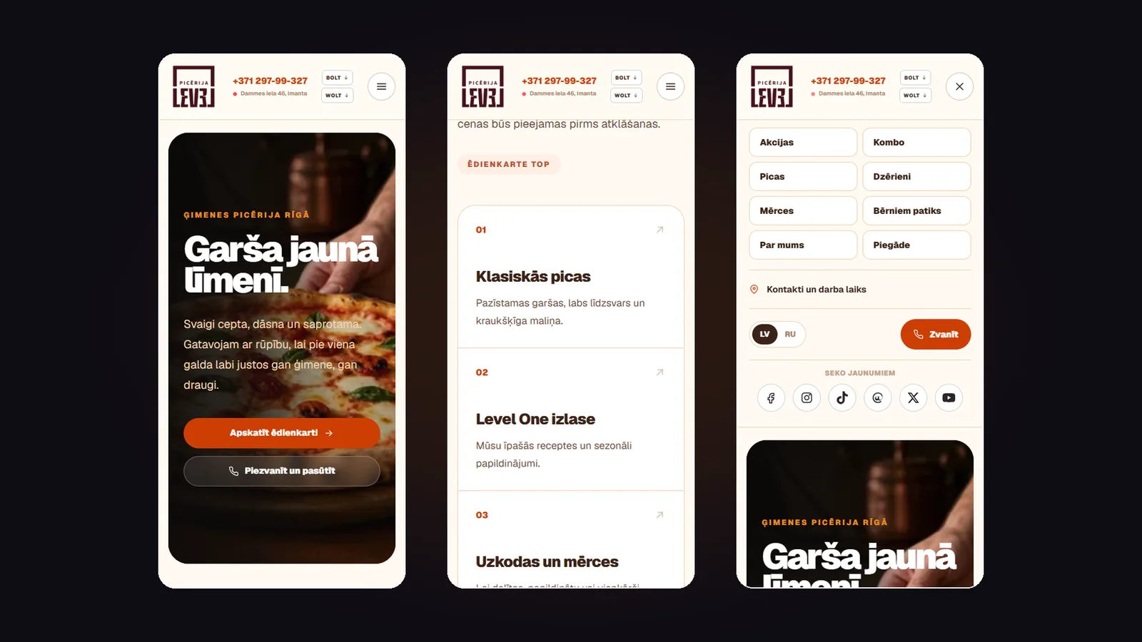 Adaptīvs skats telefonā - sākumlapa, ēdienkartes sadaļas un atvērtā izvēlne.