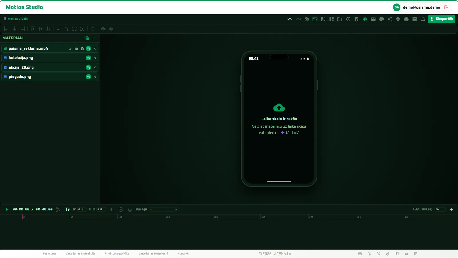 Materiāli augšupielādēti, laika skala vēl tukša - viss notiek pārlūkā, bez instalācijām.