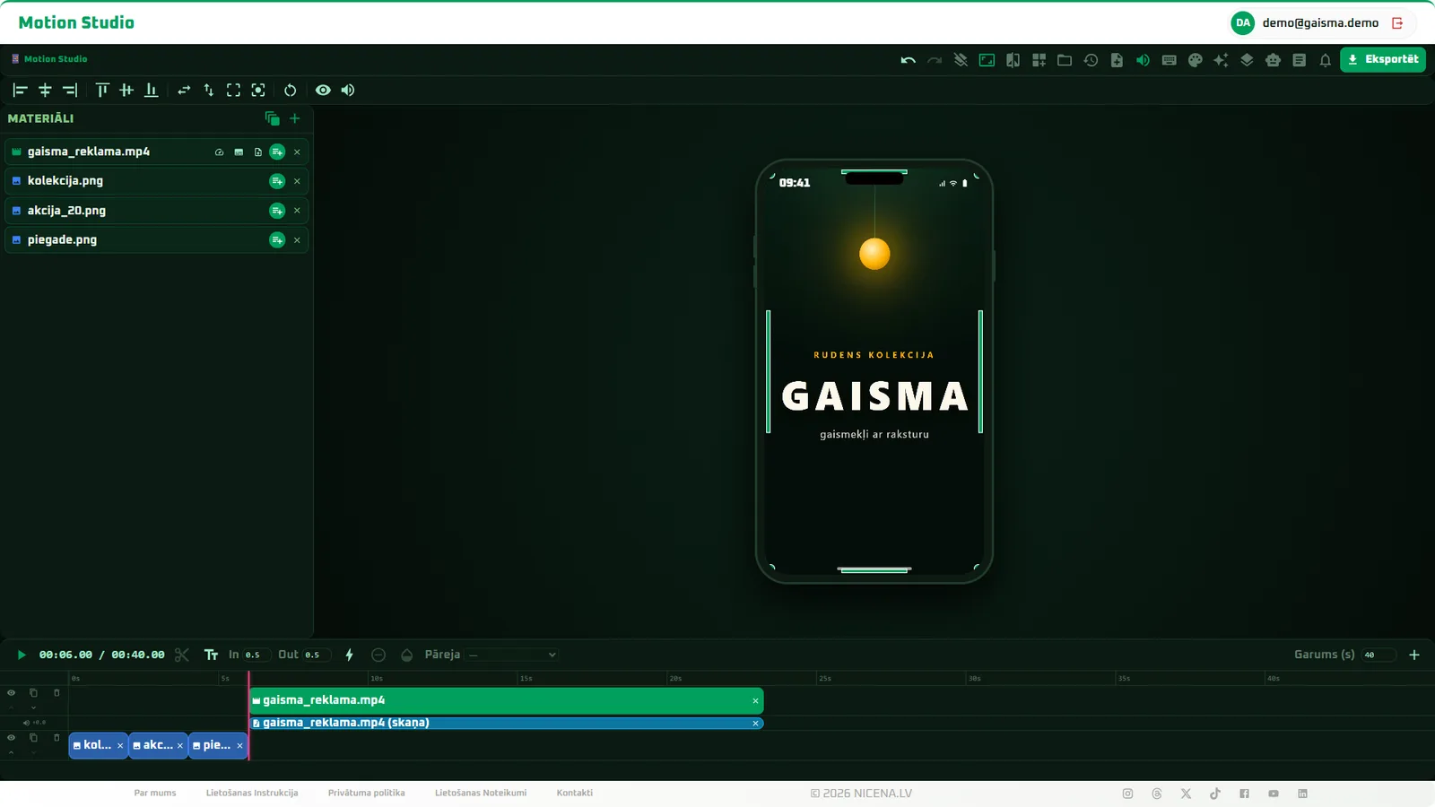 Video un attēli sakārtoti laika skalā pāris klikšķos - projekts jau izskatās pēc reklāmas.