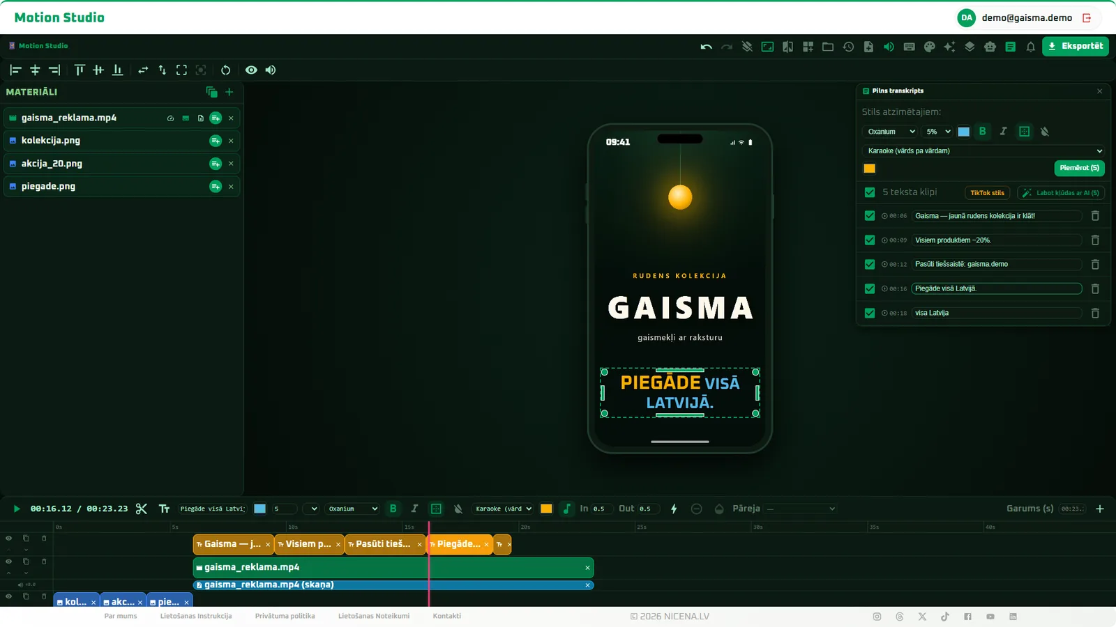 AI subtitri pa rindām transkripta panelī - katru var pārrakstīt, un TikTok stilu uzliek viens klikšķis.