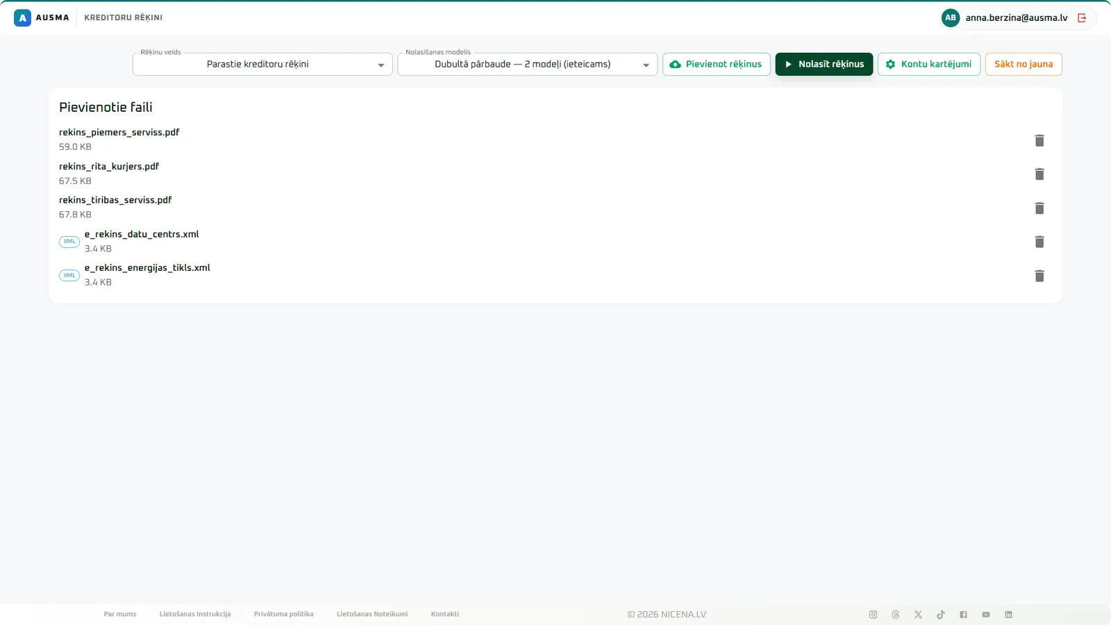 Pieci rēķini pievienoti vienā piegājienā - PDF un XML kopā.