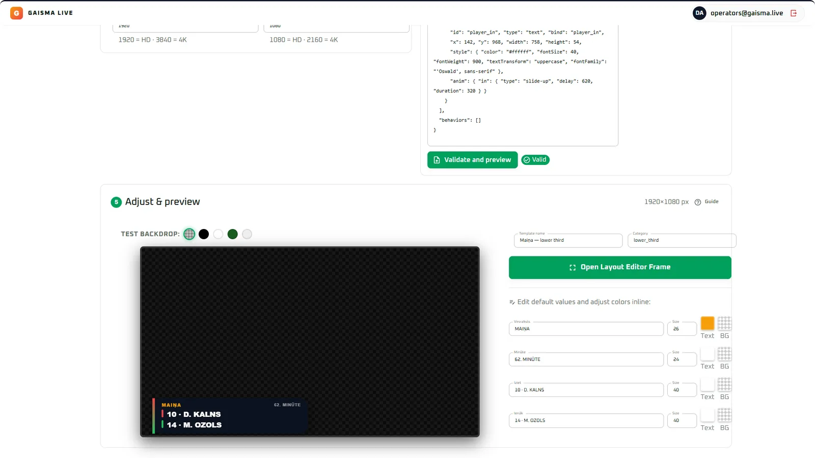 AI ģenerētais dizains pārbaudīts un uzreiz redzams priekšskatījumā - tekstus un krāsas var pielabot turpat.